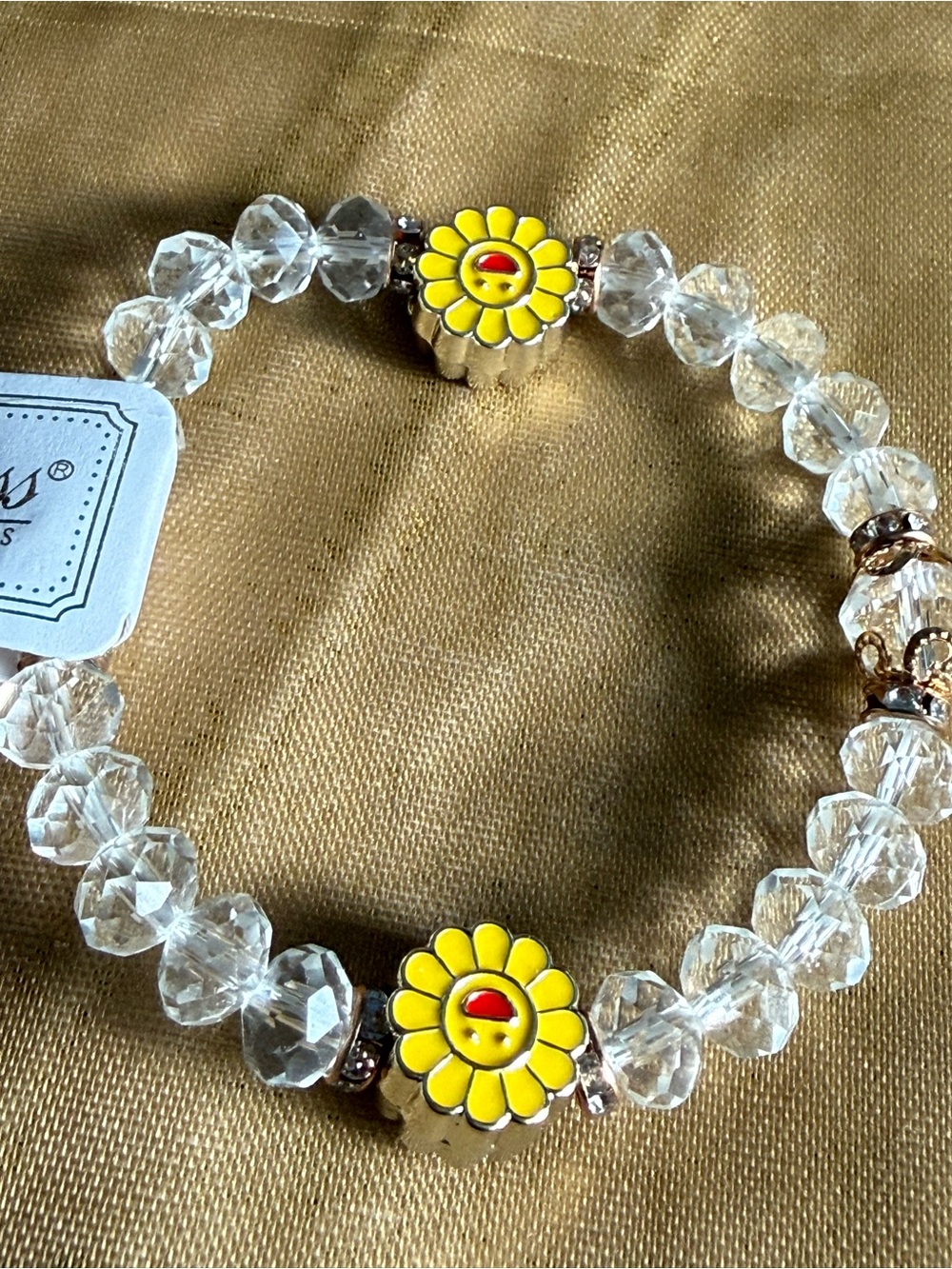 Clear Crystal Beaded Bracelet with Yellow Daisy Accent